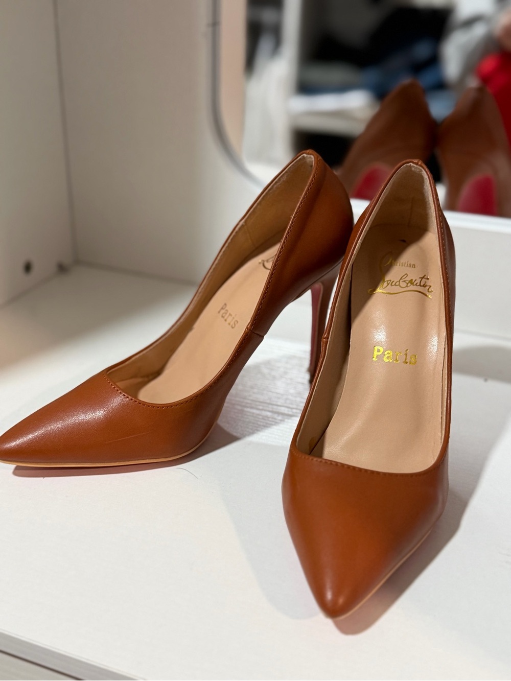 Christian Louboutin Tan Leather Pointed-Toe Stiletto Pumps
